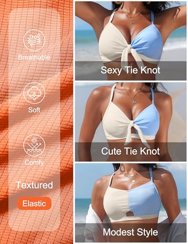 Image of Blooming Jelly Womens High Waisted Bikini Sets Tie Knot Tummy Control Swimsuits Two Piece Bathing Suit Textured Swimwear