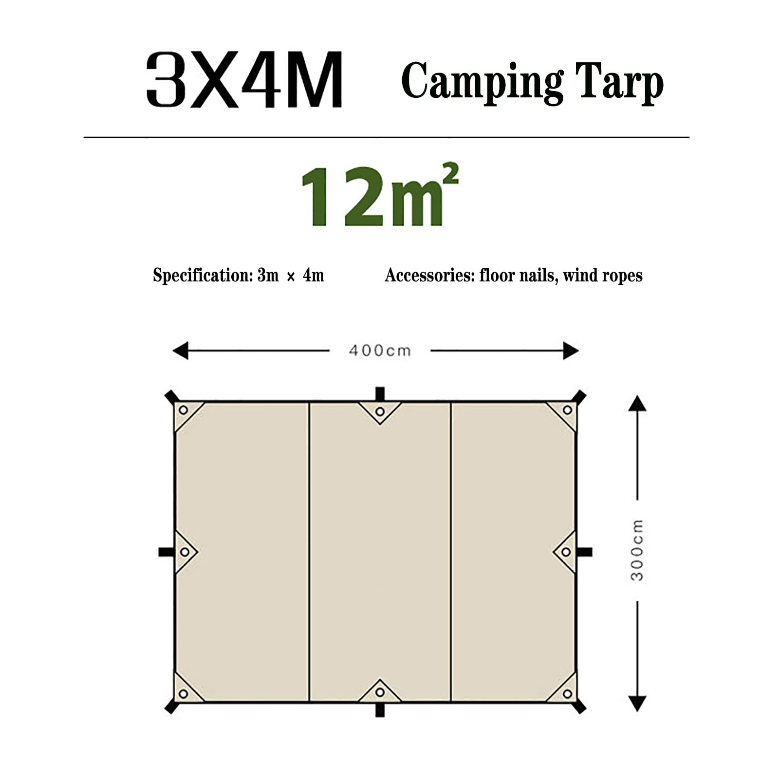 Tarp kempingowy Wodoodporny, Hamock Rain Fly Namiot Tarp, 3×4m Prostokąt Lekki Tarp kempingowy Przenośny Deszczowy Mucha do Kempingu Plecak Podróżowanie Outdoor Adventure (Khaki)