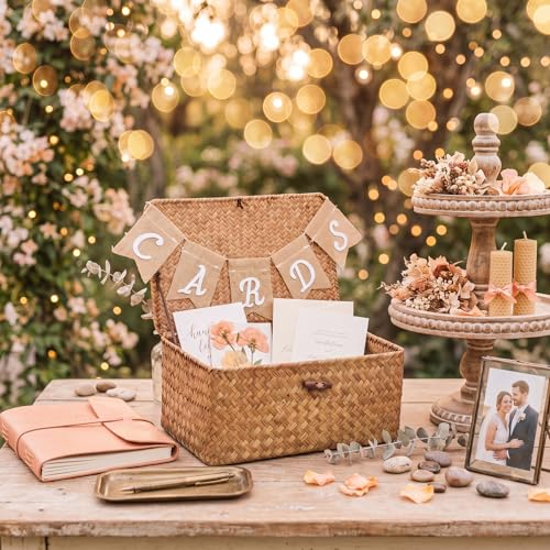 Image of Geelin Sea Grass Wedding Card Basket With Letter Flag Decorative Wedding Card Woven Post Box Suitable For Baby Showers Birthdays Graduation Ceremonies Bridal Showers (Coffee)