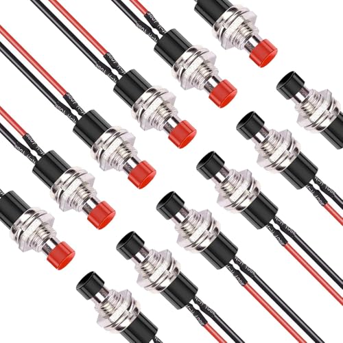 10Stück 7mm 250V/1A vorverdrahteter Mini-Druckknopf, SPST Nomal Offener On/Off-2-poliger Runder Knopf für Modelleisenbahn-Hobby (schwarz und rot)
