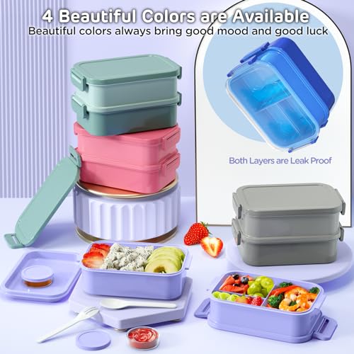 Image of DaCool Lunch Box Adults Bento Box - 74 OZ All-in-One Stackable Lunch Box Containers for Adult Large Bento Box with Fork Spoon Sauce Boxes, Leakproof Lunchbox for Work School Dining Out,Macaron-Color
