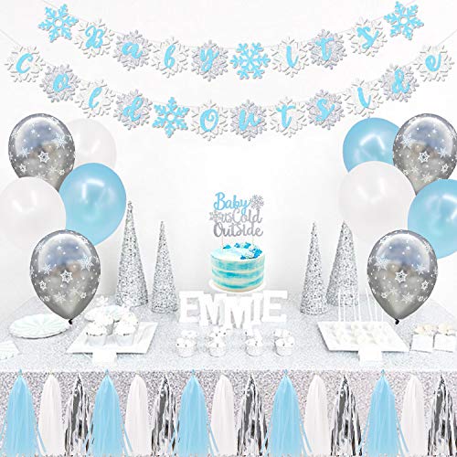 Levfla Baby Its Cold Outside Party Favors Supplies ICY Blue Snowflakes Banner Cake Topper Balloons Tissue Paper Tassels Garland Baby Shower Winter Photo Props Ideas Decoration