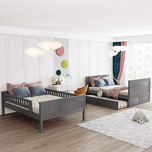 SOFTSEA Full Over Full Bunk Bed with Twin Trundle for 3, Modern Wood Bunk Beds Frame with Ladder and Full Guardrail for Kids Teens, No Box Spring Needed