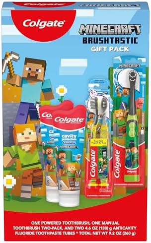 Colgate Kids Minecraft Toothbrush and Kids Toothpaste Gift Set, Includes Minecraft-Themed Battery Toothbrush, 2 Bubblegum Flavored Fluoride Toothpastes, and 2 Manual Toothbrushes — view 7