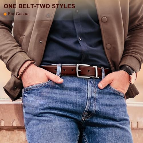 Image of CIMONI Reversible Leather Belt for Men | Genuine Leather & Vegan Leather Pin Buckle Belt | Classic Black /Brown Adjustable Belt for Formal, Business, Office & Casual Wear