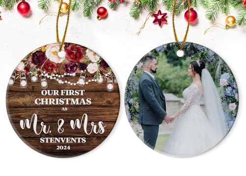 Our First Christmas As Mr and Mrs 2024, Custom Photo Ornament, Customized Gift for Family, Personalized Name Newly Married Ceramic Ornament, Xmas Tree Ornaments Hanging 4