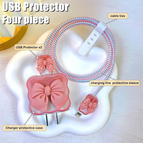Image of EDNITA Charger Cable Protector with 3D Cute Pattern for iPhone Charger only 18W & 20W | Data Line Wire Saver Charging Cable Charger Protective Cable Full Protection Set of - 1 (Pink Bow)