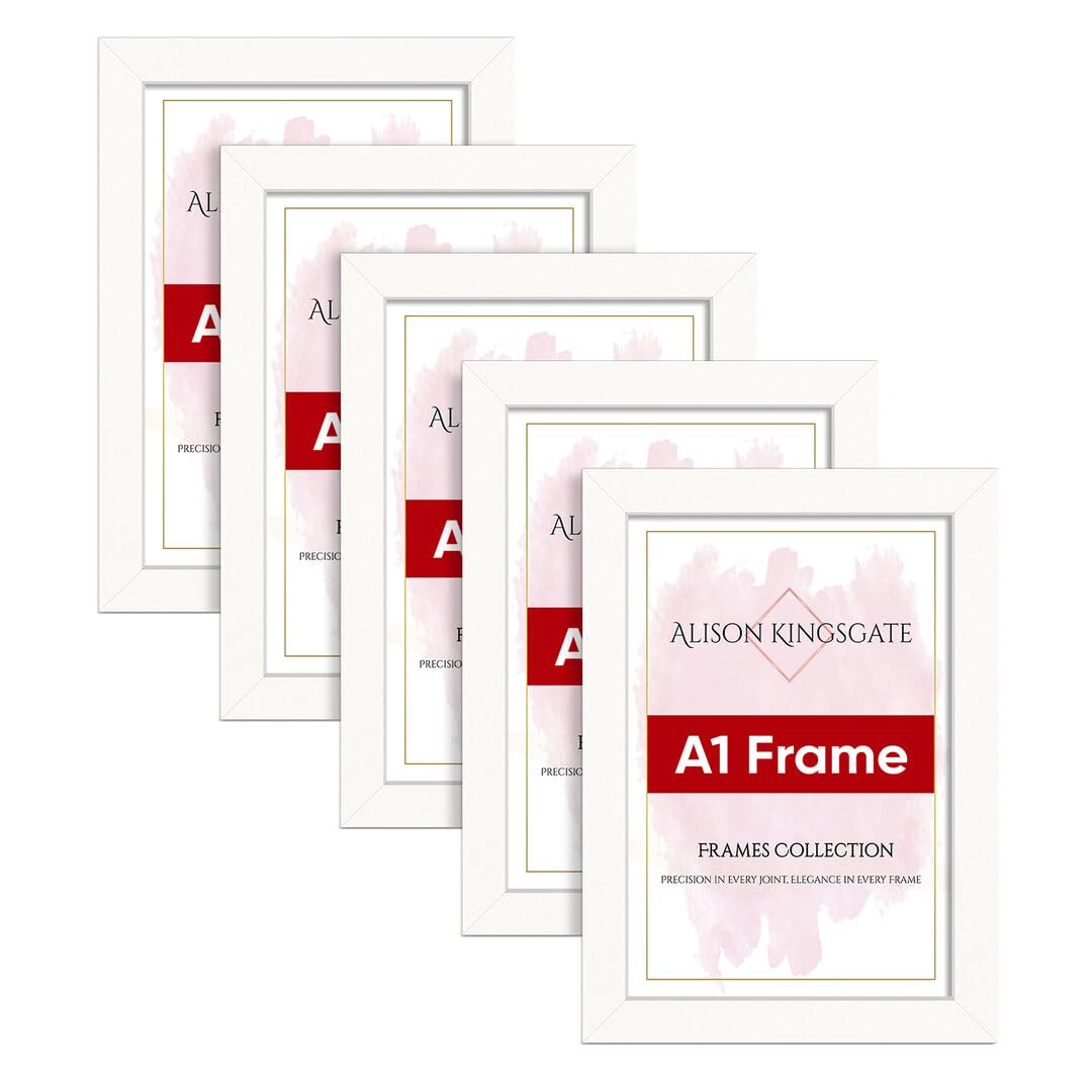 Alison Kingsgate Modern A1 WHITE Photo Frame Pack of 5-Engineered Wood Picture Frames with Shatterproof Perspex - Ideal for Artwork-Wall Mount or Tabletop - Multiple Sizes & Colours Available — image 1