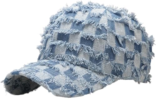 Glamorstar Denim Baseball Cap for Women Men Vintage Washed Distressed Dad Hat A Light Blue Grid