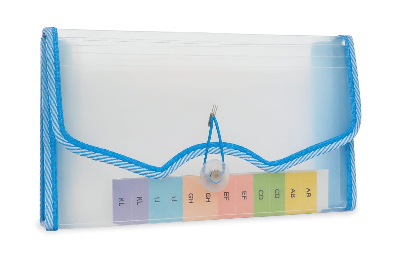 Offisco Expanding Cheque Book Holder Case, 13 Pocket Transparent Passbook Holder, Bill Folder, Passport, Memo Card, Cash Storage Pouch Organizer with Elastic Closure. (Blue)