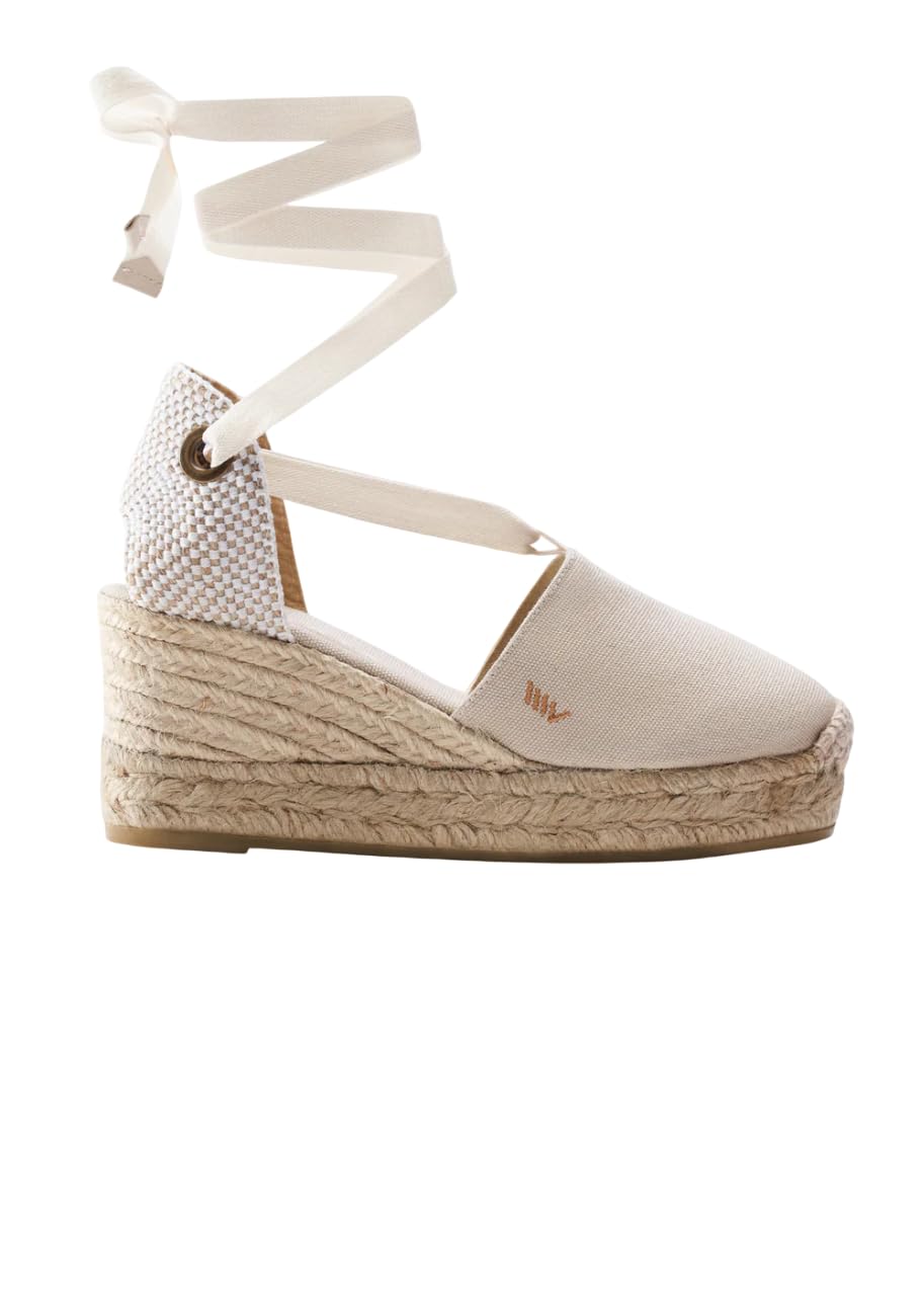 VISCATA Bisbe Canvas Platform Handmade 3 ½” Heel Women's Wedge Sandals with Breathable Cotton Canvas Soft Lace-Up Ankle Ties and 100% Natural Jute