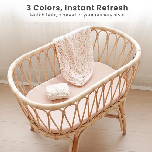 Image of Konssy 3 Pack Stretchy Bassinet Sheets for Baby Girl Boy, Soft Breathable Baby Bassinet Mattress Sheets Fit for Hourglass Oval Cradle, Moses Basket Rectangle Mattress (Pink Spring)