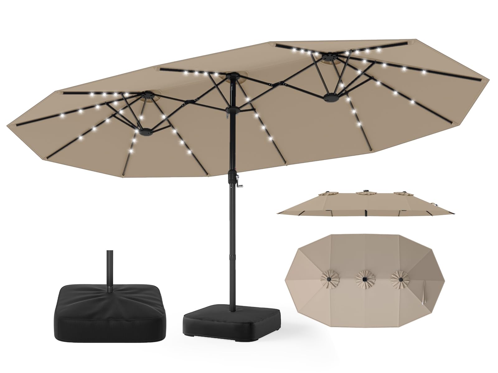 RELAX4LIFE Grand Parasol LED avec Pied, 4,4M Parasol Double de Jardin pour 6-8 Personnes, 48 Lampes, 12 Baleines, Manivelle, Attache, Loquet Sécurité, Protection Solaire pour Terrasse Piscine (Beige)