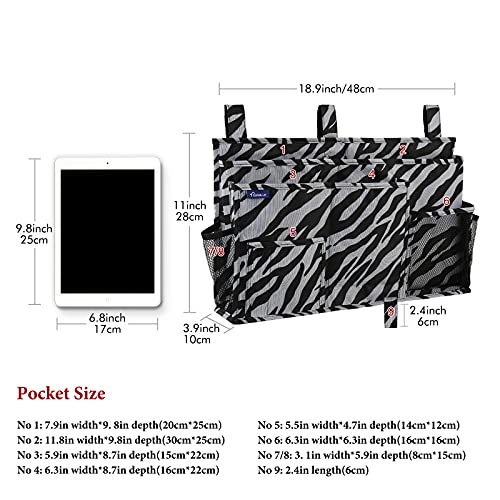 Image of Surblue Bedside Caddy Hanging Organizer Storage Bag for Bunk and Hospital Beds, College Dorm Rooms, Baby Bed Rails, Camp (8 Pockets), Zebra