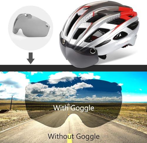 Image of Lista Adults Bike Bicycle Helmet Cycling /Climbing /MTB /BMX Adjustable with Removable Shield Visor /Safty Rear Led Light for Road Men&Women (Gray White red)