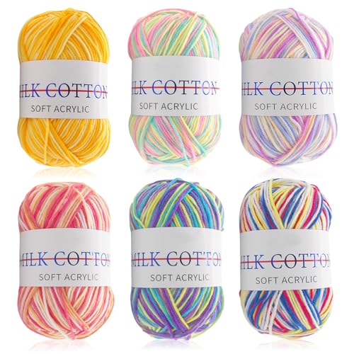 JOWILIN 6 Rolls 50g Yarn Skeins Assorted Colors Soft Crochet Yarn Starter Crochet Kit Yarn Bulk Milk Cotton Yarn for Crocheting & Knitting Craft Project for Kids and Adults (C)