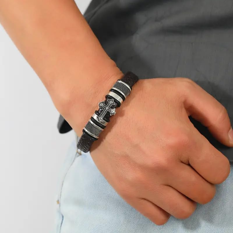 Image of THE MEN THING Leather Bracelet for Men - American Style Genuine Leather Multi-Layer Braided Bracelet with 100% Stainless Steel Magnetic Buckle for Men & Boys (8 inch)