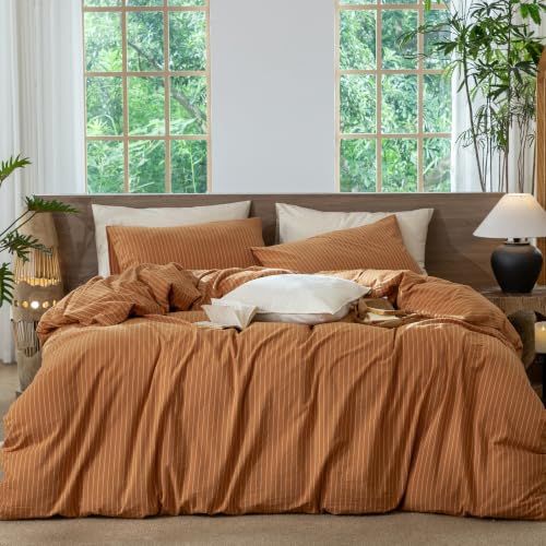 Image of MooMee Striped Duvet Cover Set 100% Washed Cotton Linen Like King | Relaxed Linen-like Texture. Soft, Breathable & Long-lasting Comfort. Lightweight. Hidden Zipper with 8 Interior Corner Ties