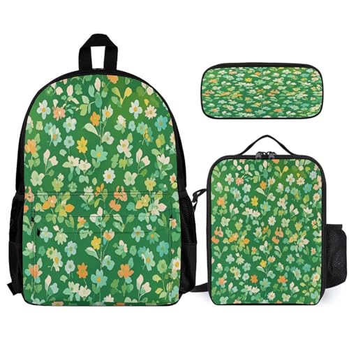 3-in-1 Backpack Combination Set Green Floral Print 3Pcs Backpack Sets Travel Daypack with Lunch Bag And Cosmetic Bag