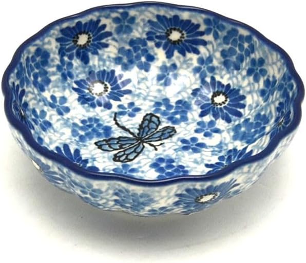 Polish Pottery Bowl - Shallow Scalloped - Small - Blue Dragonfly
