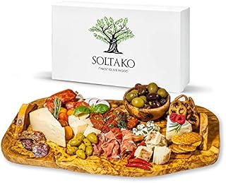 SOLTAKO Olive Wood Board with a Rustic Handle, Handmade Cheese Board, Olive Wood Serving Platter, Serving Board with Juice Groove, Sturdy Wooden Board (45cm)