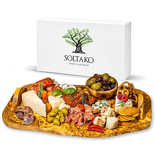 SOLTAKO Planche Apéro Bois d´olivier, Plateau de Fromage Artisanal, Planche charcuterie ou petit-déjeuner, planche de fromage avec manche, Plateau de service en bois, planche de fromage (45cm)
