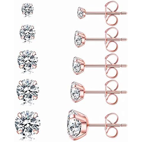 5 Pairs Stud Earrings Set, Hypoallergenic Cubic Zirconia 316L Earrings Stainless Steel CZ Earrings 3-8mm, Rose Gold, Stainless Steel, Cubic Zirconia Cover
