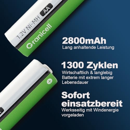 Granicell AA Wiederaufladbare Batterien 2800 mAh Hohe Kapazität 1500 Zyklen, 1.2V NiMH Niedrige Selbstentladung AA Batterie, 16er Pack 2