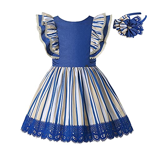 Ju petitpop Ropa Encaje Rayas Azul Verano para Niña Vestidos Vintage Sin Mangas Casual Cumpleaños Pequeños con Tocado