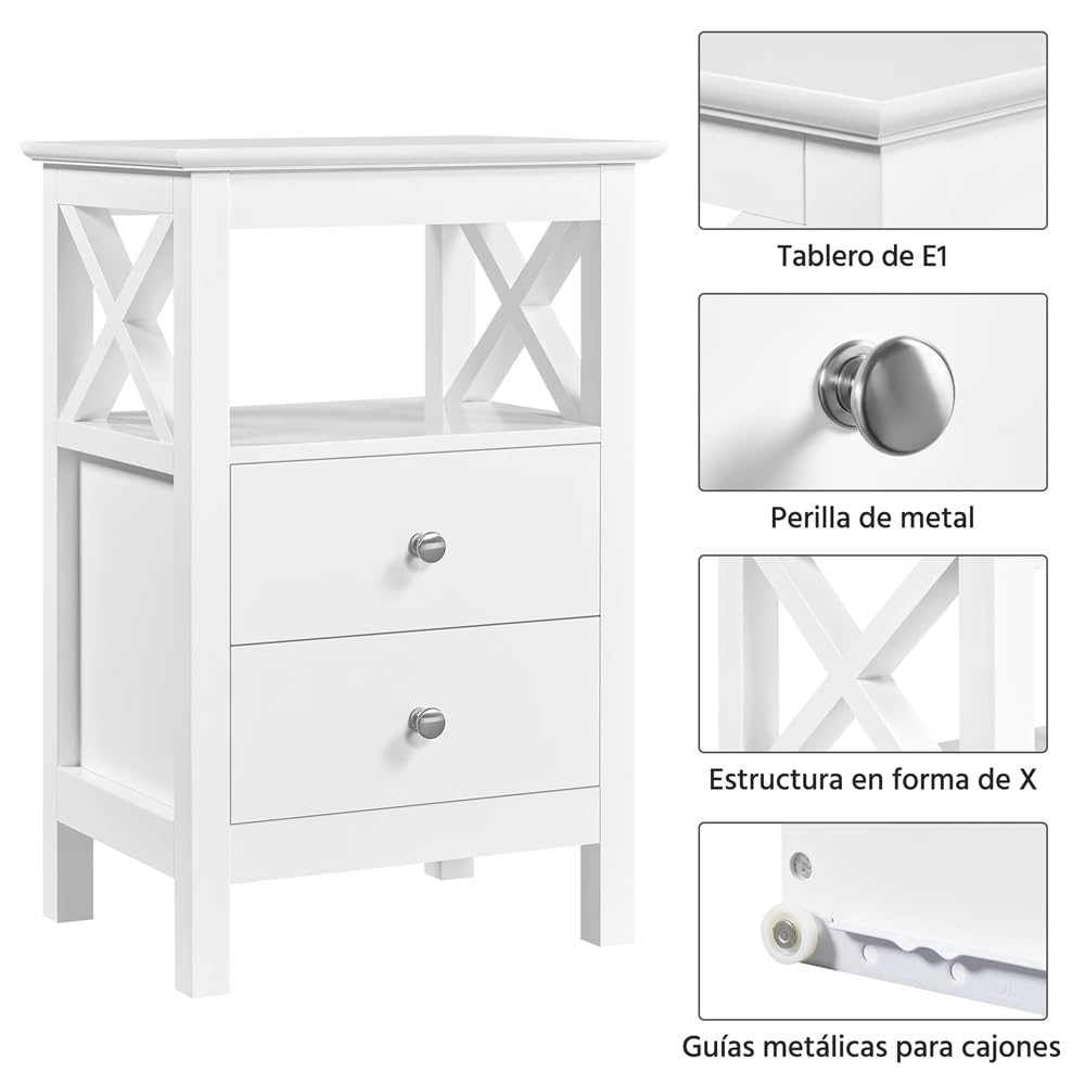 Yaheetech Mesitas de Noche de Dormitorio Mesillas de Noche con 2 Cajones y Estante Mesa Lateral de Sofá de Moderna Mueble de Noche Blanca 40x30x60 cm