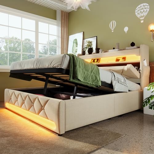 Cama doble tapizada de 180 x 200. Espacio de almacenamiento cabecero con puerto USB y tipo C. Función LED envolvente 360 alrededor de la cabecera y los pies de las camas con espacio de almacenamiento