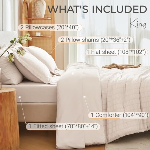 Image of MUXHOMO 7 Pieces King Comforter Set, Seersucker Bed in a Bag King Size, All Season Luxury Bedding Set with Comforter, Flat Sheet, Fitted Sheet, Pillowcases & Shams, Beige