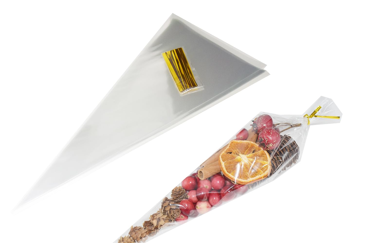 Hustar Cone Treat Bags, 7"x15" 100pcs Large Clear Cellophane Bags for Popcorn with 100pcs ties