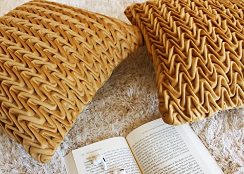 Image of Monstera Hut Corded Wavy Suede Mustard Cushion Cover Pack of 2, (Cushion Cover 16x16inch) (40.6 x 40.6 cm)