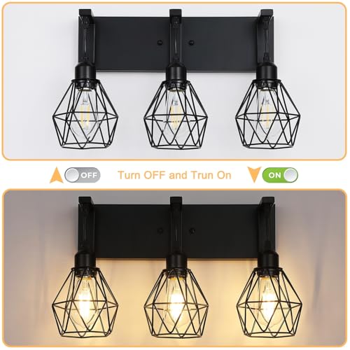 Image of Somniferous Farmhouse Bathroom Light Fixtures, 3 Light Bathroom Vanity Lights Over Mirror, Black Vanity Light with Caged Metal Shade, Rustic Wall Sconce for Bedroom, Living Room, Hallway, E26 Socket