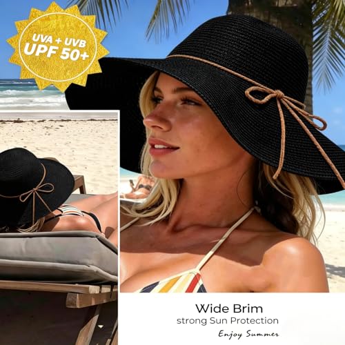 Sombrero de playa femenino de paja con ala ancha y plegable miniatura 3