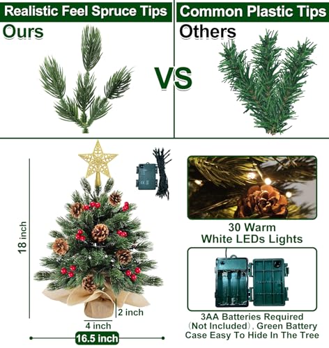 Turnmeon 18 Inch 30 Led Realistic-Feel Pe Thick Tabletop Christmas Tree Warm Lights With Timer Battery Operated 18 Red Berries 6 Pine Cone Star Artificial Xmas Spruce Tree Christmas Decor Indoor Home Party thumb #2