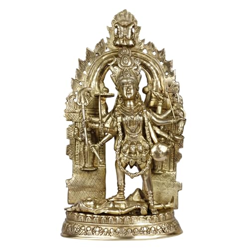 Kartique Brass Kali Murti - 22" Statue, Chamunda Posture, Intricate Design, Spiritual Decor, Golden Finish, for Pooja