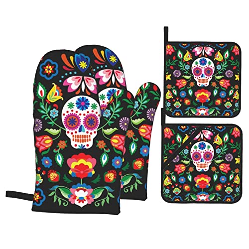 Mexican Skull Skeleton Floral Oven Mitts and Pot Holders Set of 4, Oven Mittens and Potholders Heat Resistant Gloves for Kitchen Cooking Baking Grilling BBQ