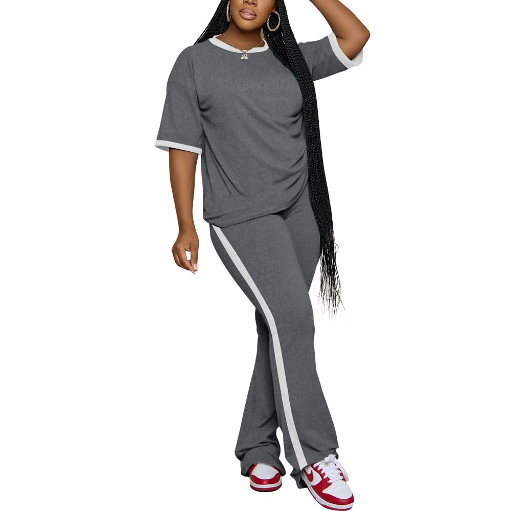 PINSV 2 Piece Sets for Women Summer Casual Short Sleeve Top and Flare Pants Lounge Sets