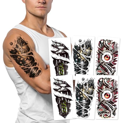 6-Sheet Arm Tattoos - Mechanical Temporary Tattoos for Men & Women - Waterproof Futuristic Body Art for Cosplay & Halloween Costume