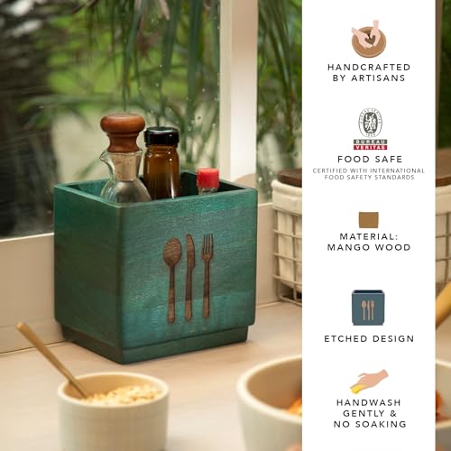 Image of Ellementry Blue Wooden Cutlery Holder & Organizer Stand for Spoons, Forks & Knives, Modern Counter Top Tableware Storage Box for Kitchen & Dining Table, Utensil Organizer for Home & Office