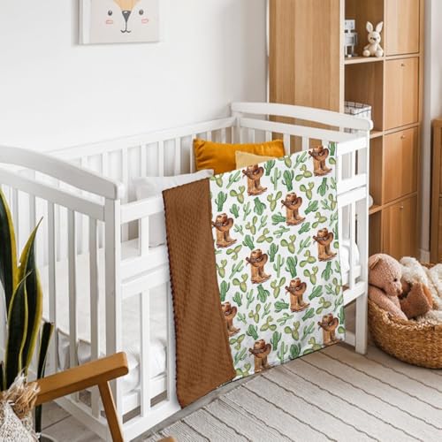 Image of Western Baby Blanket with Cactus, Cowboy Minky Blankets for Boys Girls, Double Layer Dotted Backing, Nursery Room Decor, Soft Warm Lightweight Nursery Bed Blanket for Newborn Toddlers Son Daughter