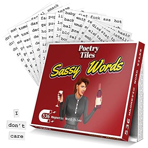 Poetry Tiles Word Magnets - Sassy Words Fridge Magnet Set - 536 Sarcastic, Judgmental, Shady Magnetic Words Kit for Refrigerator Poems and Stories - Funny Fridge Magnets for Adults with Spunk Cover