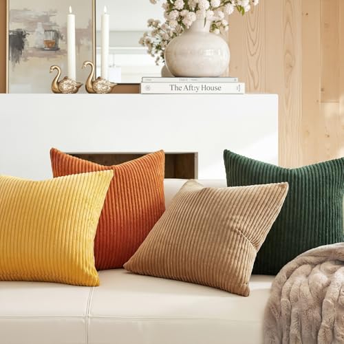 Image of Topfinel 16x16 Inch Set of 4 Green Rust Throw Pillow Covers Boho Farmhouse Cushion Covers Soft Corduroy Fall Home Decor for Couch Bed Sofa Living Room