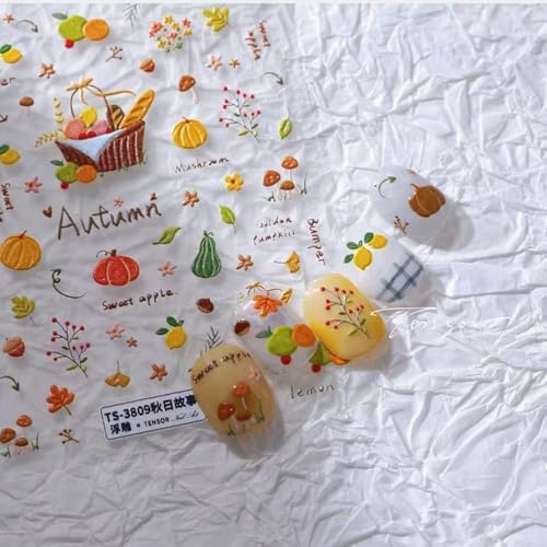 Image of Autumn Nail Art Stickers 5D Embossed Nail Decals Self-Adhesive Colorful Nail Supplies Fall Harvest Manicure Thanksgiving Day Stickers for Women Girls DIY Nails Decorations