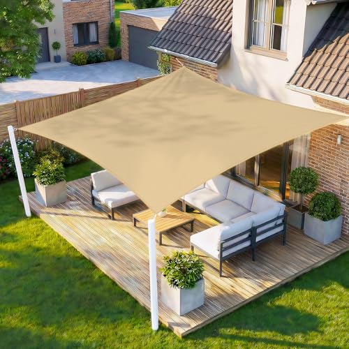 HENG FENG Toldo Vela de Sombra Rectangular 3x4m, PES 160 g/m² Impermeable, 95% Bloqueo UV, para Exterior en Terraza, Jardín, Patio   Incluye Cuerda de Fijación   Color Arena