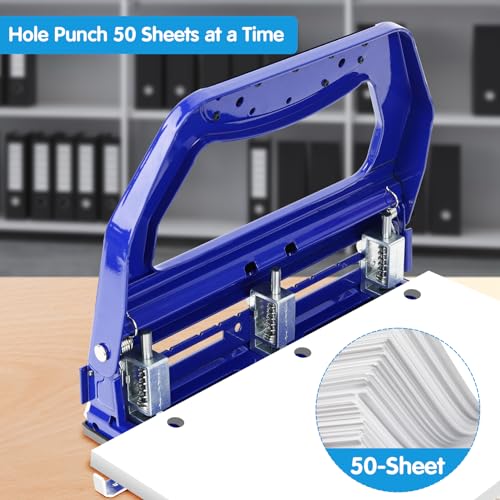 Image of AFMAT 3 Hole Punch Heavy Duty, 9 /32 inch Holes, 50-Sheet Hole Puncher 3 Ring, 50% Reduced Effort, Adjustable Two & Three Hole Punch, Metal Paper Puncher w /Large Chip Tray, Metal Paper Guide, Blue, HP18