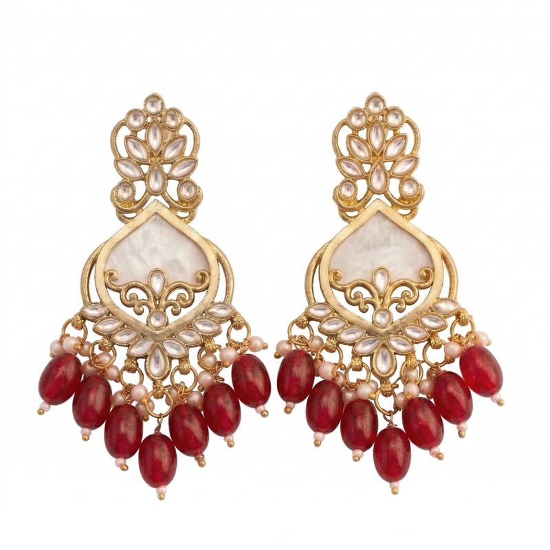 Image of Traditional 20K Gold Plated Kundan Chandbali Earrings with Black Beads and Faux Pearls for Women - Ethnic Wedding & Partyy Wear Statement Jewelry