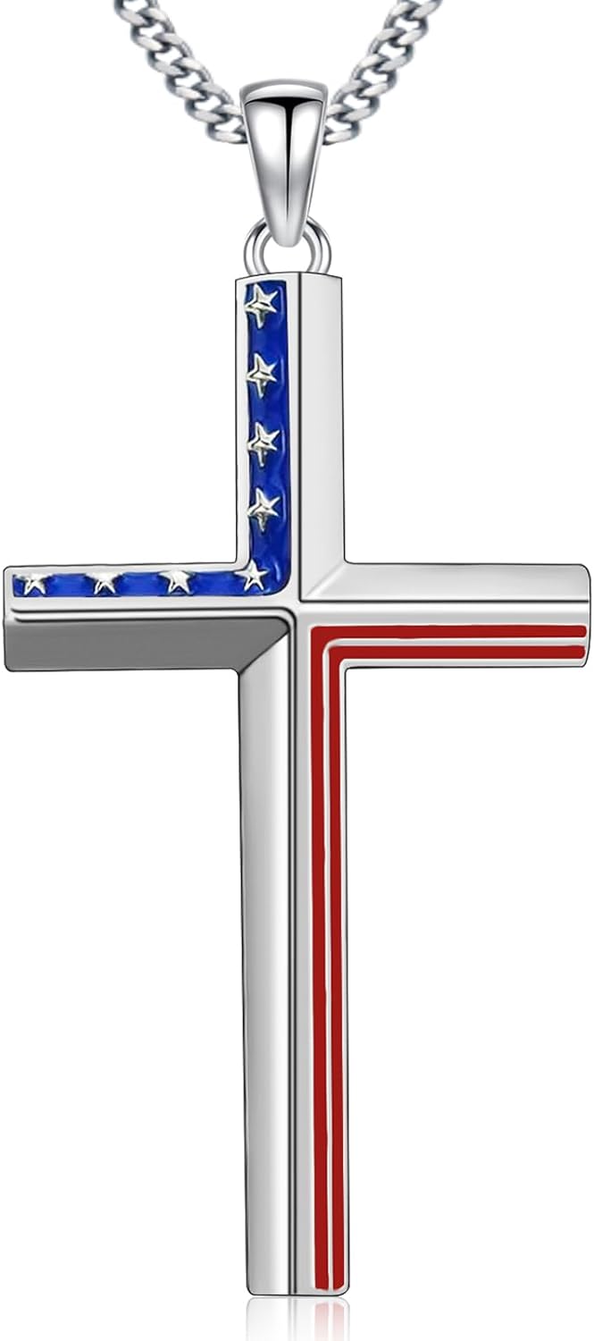 925 Sterling Silver American Flag Cross Pendant with Stainless Steel Chain 22+2 Inch